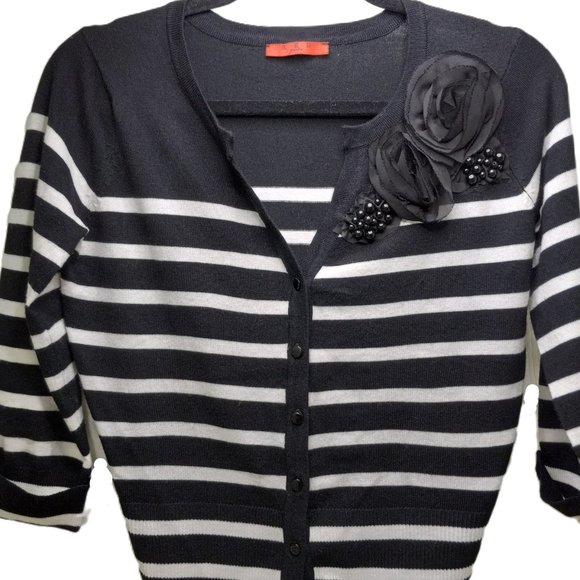 RED Brand Black/White Striped Cardigan with Attached Black/Beaded flower SZ PS - Picture 1 of 5